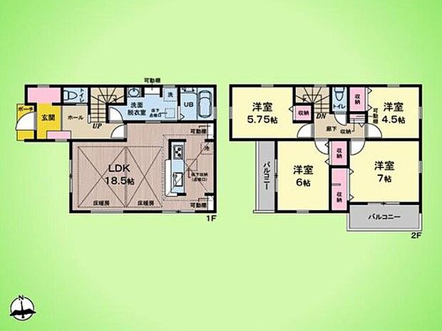 【4LDK】2階の4部屋すべてにクローゼットを完備。廊下にも収納を設けるなど、家中が整いやすい工夫が満載です。7帖の主寝室はバルコニーに面しており、朝日を感じながら爽やかに一日をスタートできる空間です。