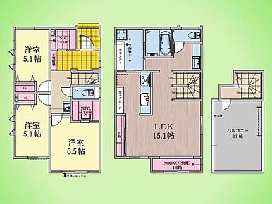 2階にLDKと水回りを配置した間取りです。2階リビングならではの陽当りと開放感を感じられます。バルコニーは約8.7帖とゆとりある広さが確保され、セカンドリビングとして暮らしに豊かさをもたらします。 