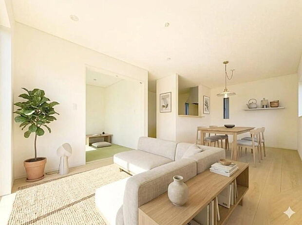 【LDK16.2帖】リビングにいるお子様と会話をしながら家事ができるカウンターキッチン。家具はCGです。

