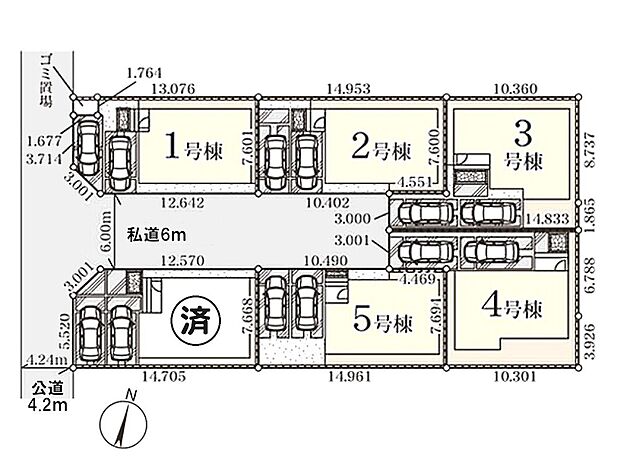 【全体区画図】前面道路6mで開放感があり、駐車2台可能で来客時も安心のゆとりある区画です。