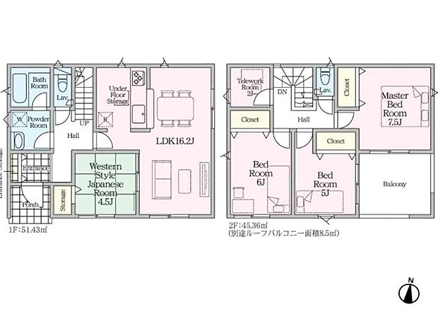 【4LDK】【LDK16.2帖、和室4.5帖、洋室7.5帖・6帖・5帖、テレワークルーム2帖】キッチンから洗面所、浴室への移動がスムーズ。忙しい朝の家事時間を短縮できる設計です。16.2帖のLDKを中心に、家族の会話が自然と生まれる住まい 。【2階全居室5帖超】お子様の成長後も使いやすい、ゆとりある個室設計。全室ペアガラス採用で、静かで快適なプライベート空間を守ります 。4LDK＋テレワークルームの贅沢な間取りを体感ください。