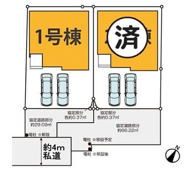 並列2台駐車可能なゆとりある空間。ご夫婦それぞれお車を所有できるだけでなく、空いたスペースにはお子様の自転車なども停めることが可能です。
また前面道路は4m以上あるためお車の出し入れもスムーズです。