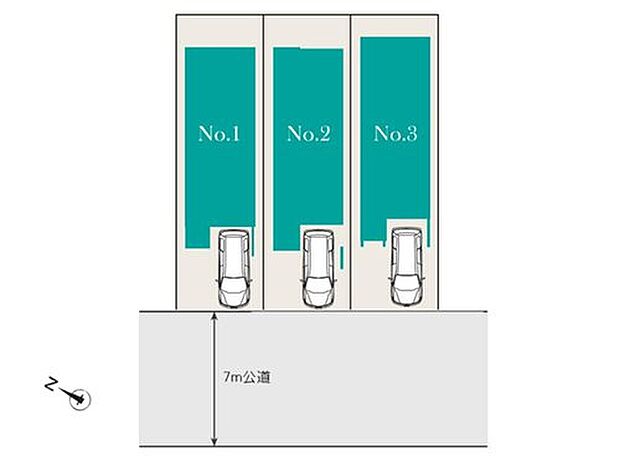 前面道路にゆとりがあり、車の出し入れもしやすい区画計画です。土地面積は90.54~90.55m2、陽当たり良好な配置も魅力です。