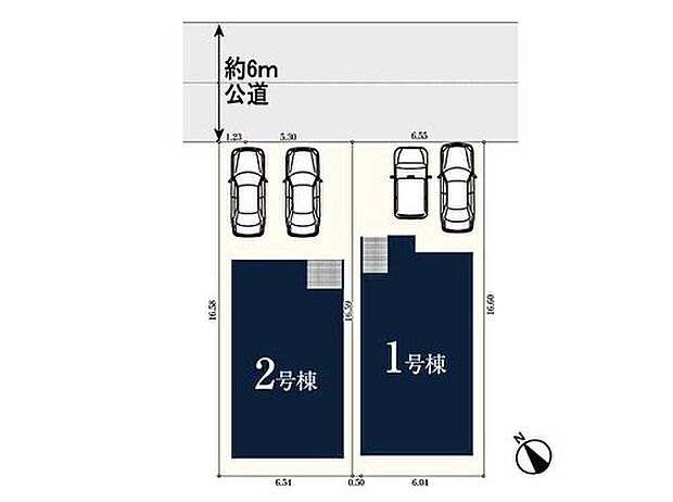約6m幅の公道に面した、全2棟の区画図です。各棟に並列2台分の駐車スペースを確保し、車の出し入れもしやすい配置です。