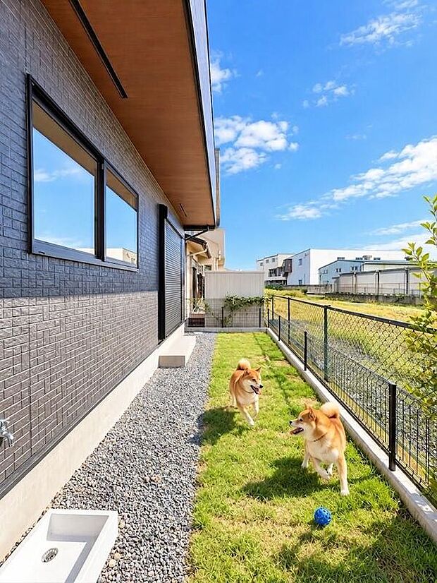 【庭】家族団らんの場にもなる専用庭。ガーデニングや家庭菜園、プールや遊具を置いて子供の遊び場、テーブルやイスを設置し憩いのスペースなどメリットはたくさんあります♪※犬はCGです。