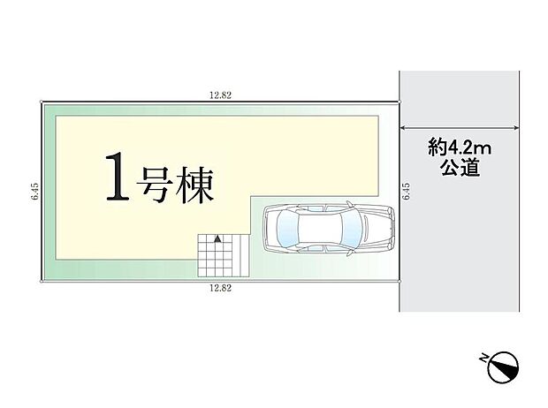 【全体区画図】南東側4.2ｍ公道に面した1棟現場。完成済みで当日の見学も可能♪車の出入りや現地の雰囲気も確認できます。