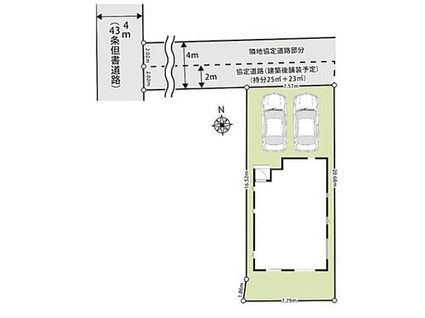 【全体区画図】敷地面積65坪のゆとりある住まい。静かな住環境に加え、駐車スペースは並列2台分を確保しています。
