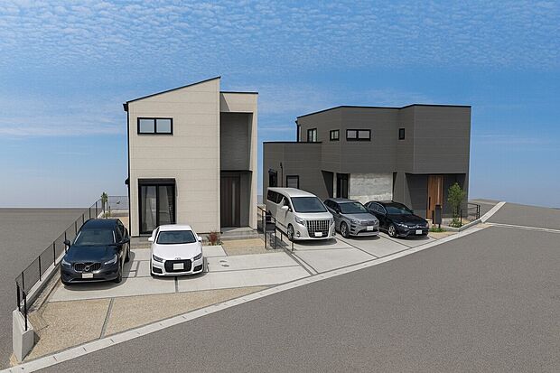 外観パース(右:A号棟 左:B号棟)
並列3台駐車可!
完成しました!内覧可能です。
平日・土日問わずお気軽にお問合せください。