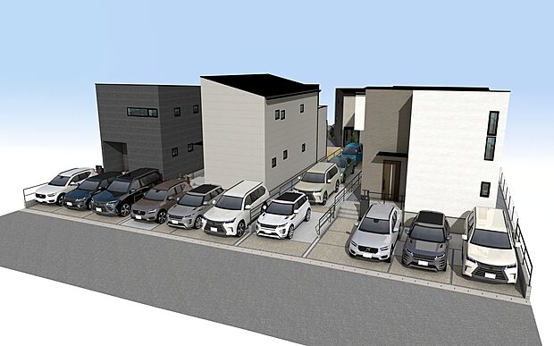 外観パース　右からA～D号棟
3台駐車可！
完成しました！ご内覧可能です。
平日・土日問わずお気軽にお問合せください。