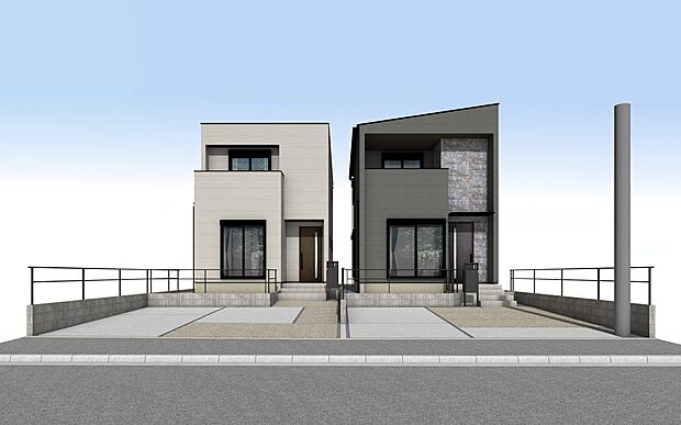 外観パース（A号棟：右　B号棟：左）注文住宅から生まれたこだわりの住まい。アクセントのある外観、洗練されたデザイン。間取りにもこだわり、目的ごとに分けられるよう収納スペースを各所に配置しています。
