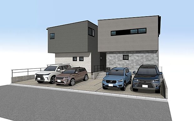 外観パース　
アクセントのある外観、洗練されたデザイン。目的ごとに分けられるよう収納スペースを各所に配置しています。
