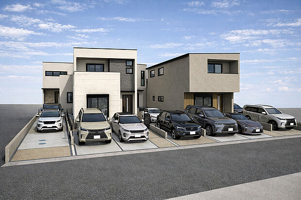 外観パース
左奥:A号棟、前左:B号棟、中奥:C号棟、前右:D号棟、右奥:E号棟