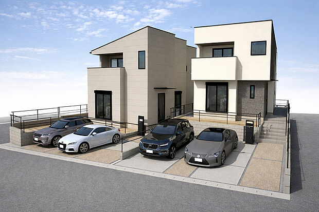 外観パース　(A号棟：左側、B号棟：右側)　
並列駐車3台可！(車種・号棟による)
未完成物件の為モデルハウスへのご案内も致します。
平日・土日問わずお気軽にお問合せください。