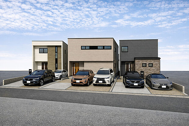 外観パース全体　右：A号棟、中央：B号棟、左：C号棟
■未完成物件の為、モデルハウスへのご案内も致します。お気軽にお問合せ下さいませ。
