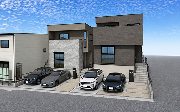 外観パース 左:C号棟、右:D号棟
■未完成物件の為、モデルハウスへのご案内も致します。お気軽にお問合せ下さいませ。