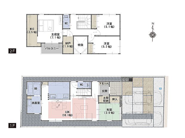 【4LDK+S】■キッチン横の収納は調理器具や食材のストックができる豊富な収納力
■洗面所に豊富な収納。タオルや洗剤、家族の着替えも充分に収納可能
■玄関横の土間収納にはベビーカーもそのまま収納することが可能