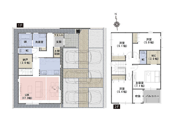 【4LDK+WIC+納戸+土間収納】■吹抜がリビングをより明るく、開放的な空間に
■家事導線を考えた間取