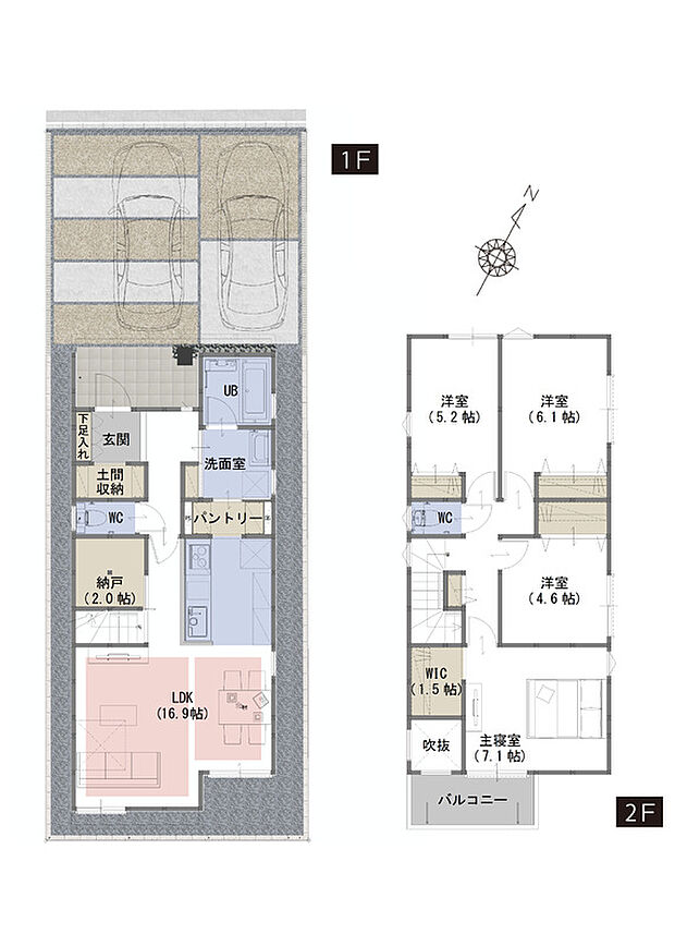 【4LDK+WIC+納戸+土間収納】■木肌の美しいあらわし梁がワンランク上の生活を演出
■ウィークインクローゼットは大容量の3.7帖