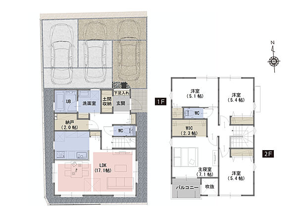 【4LDK+WIC+納戸+土間収納】■吹抜がリビングをより明るく、開放的な空間に
■全居室収納付きで家族全員の持ち物がすっきり片付く