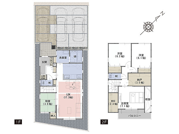 【4LDK+S】■吹き抜けにより、リビングを明るく広く感じさせます。
■リビング横の和室はLDKと一体となった広い空間も演出でき、生活シーンに合わせた使い方が可能です。
■１か所にまとめすぎても使いづらい収納は目的ごとに物を片付けられるよう配置。