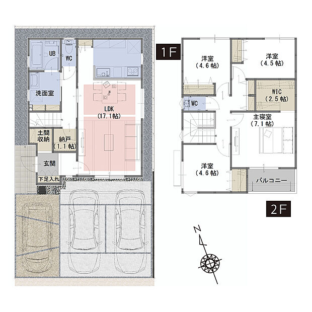【4LDK+WIC+納戸+土間収納】■木肌の美しいあらわし梁がワンランク上の生活を演出
■家事導線を考えた間取