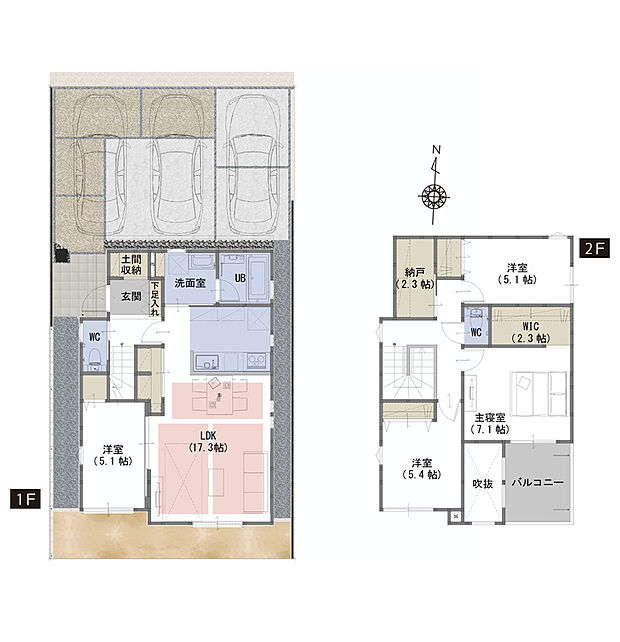 【4LDK+WIC+納戸+土間収納】■吹抜がリビングをより明るく、開放的な空間に
■会話が弾む対面キッチン