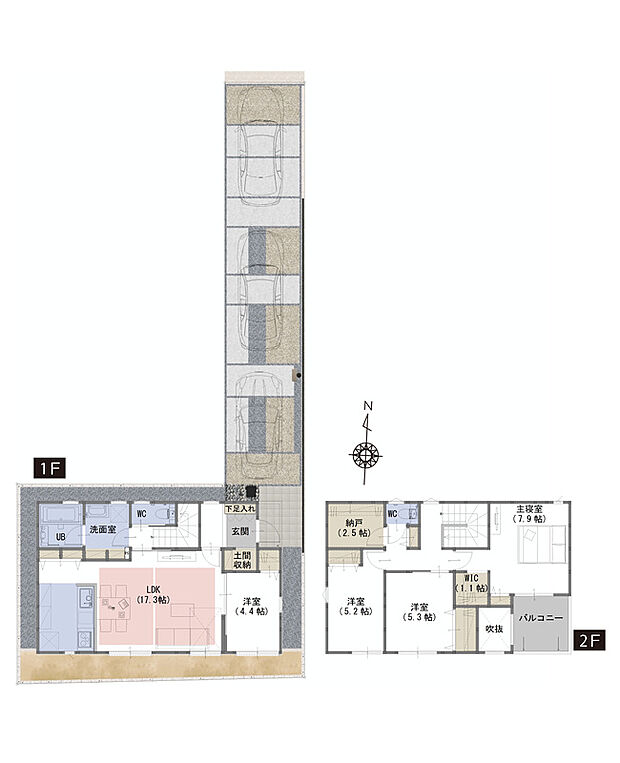 【4LDK+WIC+納戸+土間収納】■家事導線を考えた間取
■全居室収納付きで家族全員の持ち物がすっきり片付く