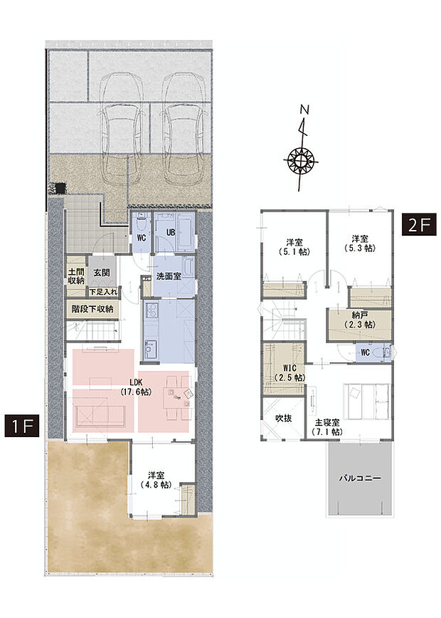 【４LDK+WIC+納戸＋土間収納】■吹抜がリビングをより明るく、開放的な空間に
■ゴルフバックやベビーカーを収納できる土間収納付き