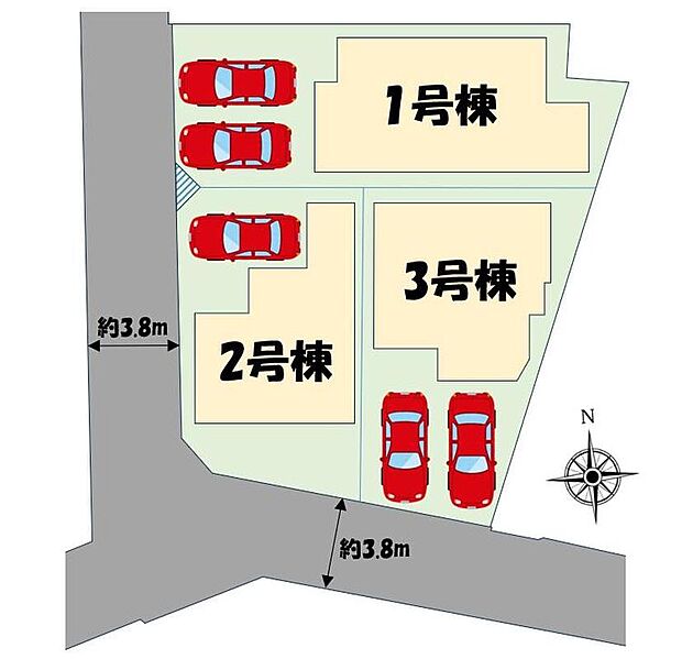 ≪全体区画図≫
閑静な住宅地の3棟現場！
角地を含む開放的な立地♪