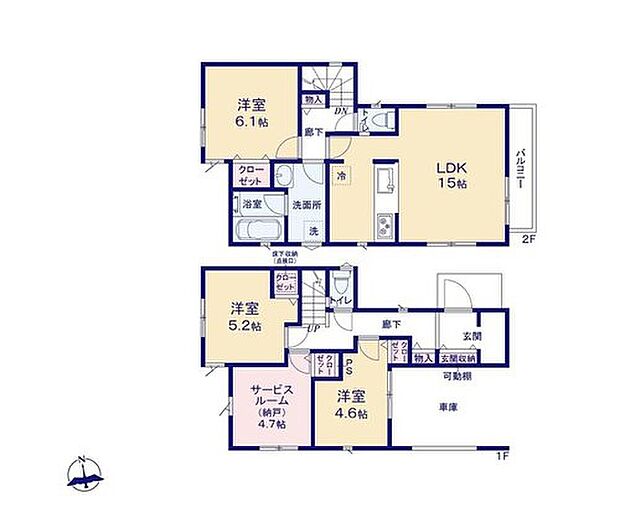 ≪2号棟間取図≫道路からのプライバシーを確保しやすい「2階リビング」を採用☆2階リビングは陽当たり・風通し共に良好で、ご家族みんなで過ごす空間をより居心地良くしてくれます。