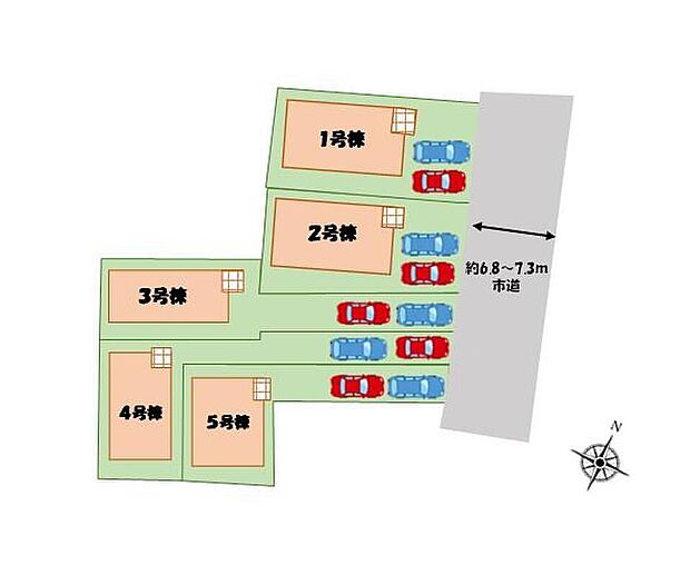 ≪全体区画図≫
閑静な住環境に整然とした街並みが美しい5邸のコミュニティータウン誕生♪お車各棟2台駐車可能です◎