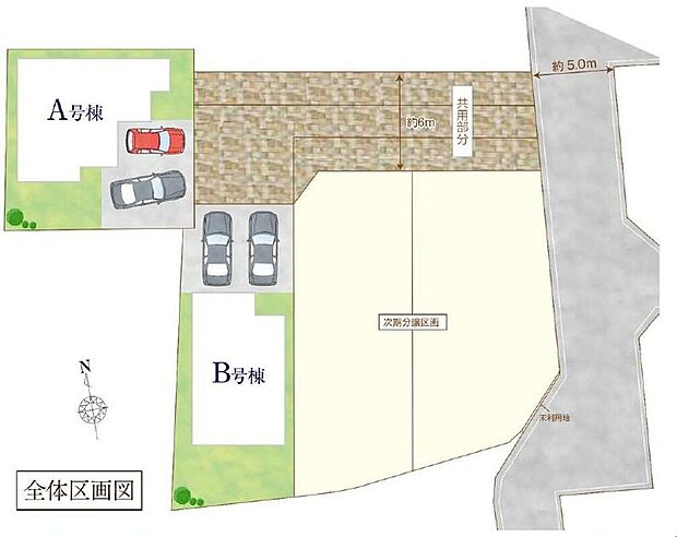 ≪全体区画図≫
車種により、カースペース２台分ございますので、家族分の自転車を駐輪したり、来客用の駐車スペースとしてもお使いいただけます♪