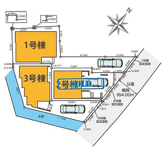 ≪全体区画図≫
前面の道路は車の往来が少ない道となっておりますので、小さなお子様のいるご家庭も安心です♪