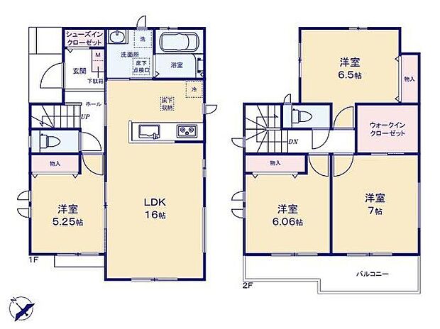 ≪間取図≫
◇玄関周りもスッキリ片付くシューズインクローゼット付き♪
◇水回りが集中しており、効率的でストレスのない家事動線♪
◇7帖の洋室にはコートなどもスッキリ片付くウォークインクローゼット付き♪