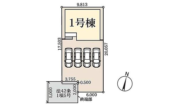 ≪全体区画図≫
4台を並列駐車できるゆとりあるカースペース。南からの温かい陽射しふりそそぐ気持ちの良いお住まいとなっております。