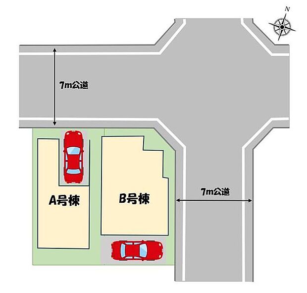 ≪全体区画図≫カースペース1台分完備!(※車種による)前道路7mで駐車楽々♪