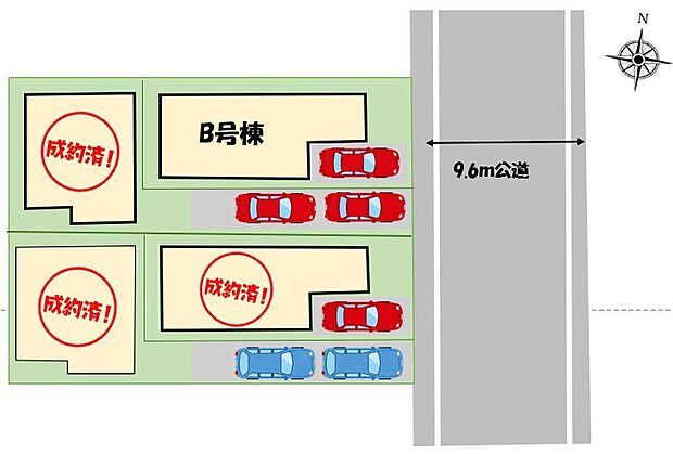 ≪全体区画図≫全邸カースペース完備！（※車種による）前道路9ｍで駐車楽々♪
