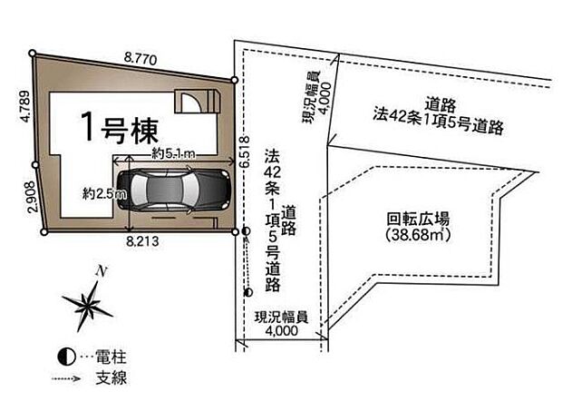 ≪全体区画図≫カースペース1台♪前面道路は交通量の少ない4m道路です。回転スペースもありますのでお車の駐車も楽々ですね♪