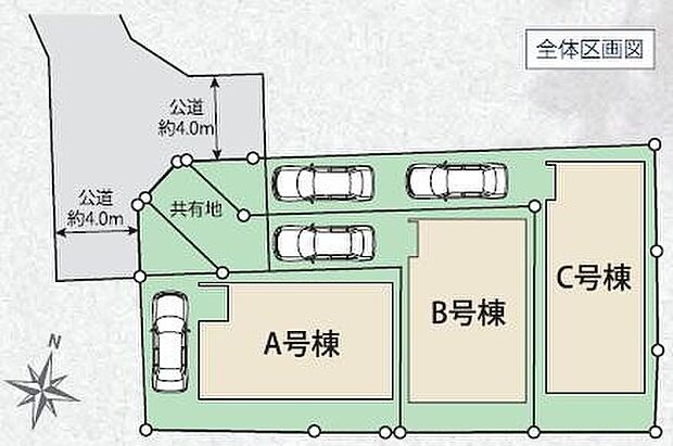 ≪全体区画図≫
C号棟はカースペース2台♪前面道路は、住人以外の車の進入も少なく、小さなお子様を持つご家庭にも安心。