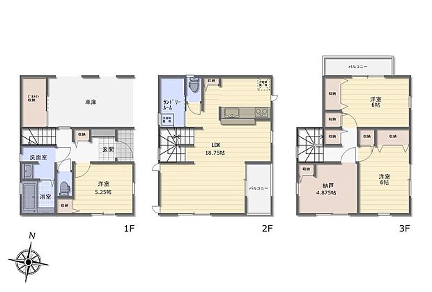 (1号棟)、3LDK+S、土地面積69.05m2、建物面積121.09m2