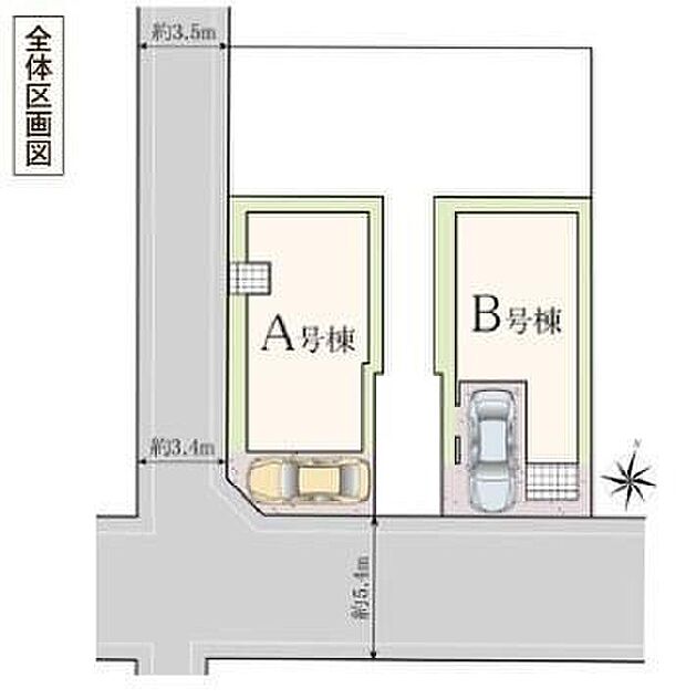 ≪全体区画図≫カースペース1台♪A号棟は陽当たり・風通し共に良好な角地♪南側道路は5.4mあるので、お車の駐車も安心です♪