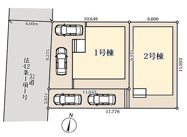 ≪全体区画図≫全邸カースペース2台分完備!(※車種制限がある場合がございます。)前道路6m接道で駐車楽々◎