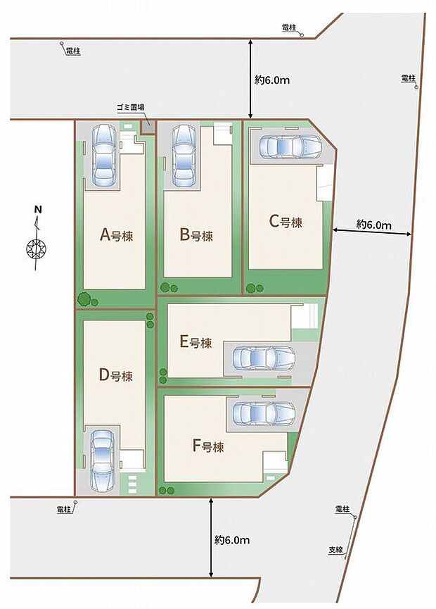 ≪全体区画図≫
C号棟、F号棟嬉しい角地♪
全棟カースペース1台♪
陽当りの良い道路に面したお住まい。道路幅も広めで、開放感たっぷり♪お車の駐車も安心です♪
