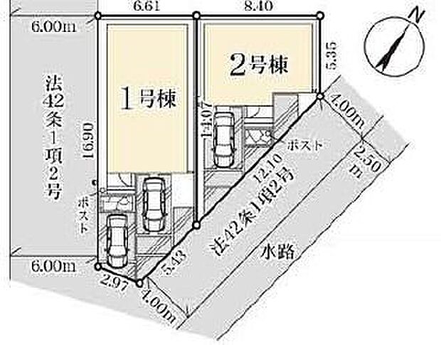 ≪全体区画図≫1号棟カースペース2台♪嬉しい角地♪陽当りの良い道路に面したお住まい。道路幅も広めで、開放感たっぷり♪