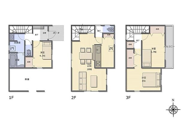(1号棟)、3LDK、土地面積63.07m2、建物面積105.57m2