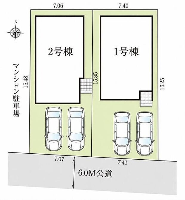 ≪全体区画図≫カースペース並列駐車2台♪陽当りの良い道路に面したお住まい。道路幅も広めで、開放感たっぷり♪お車の出し入れも楽々です♪