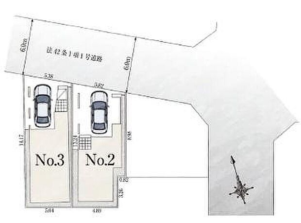 ≪全体区画図≫
カースペース1台♪
前道が6ｍあるので、車庫入れが苦手な方でも安心して入れられます♪