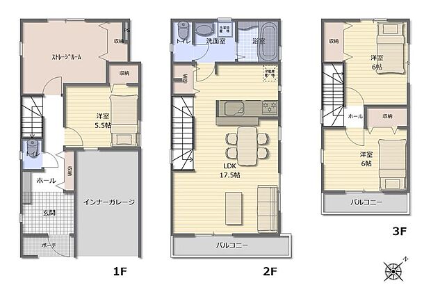 (A号棟)、3LDK+S、土地面積70.06m2、建物面積114.61m2