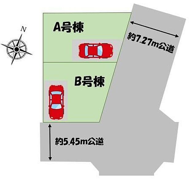 ≪全体区画図≫カースペース1台♪B号棟は嬉しい角地♪陽当りの良い道路に面したお住まい。道路幅も広めで、開放感たっぷり♪