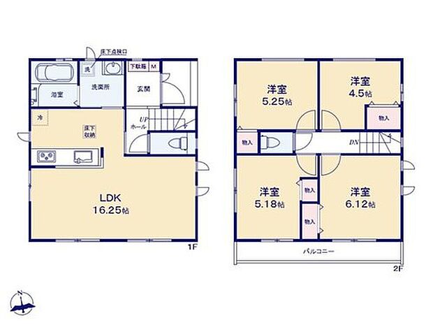 【4LDK】1階にワンフロアタイプのLDK、2階に4部屋をまとめた2階建の4LDK！ご家族それぞれのプライベート空間が確保しやすい間取りです♪